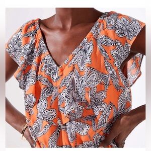 LOFT SLEEVELESS LINED VNECK ELASTIC WAIST SOFT ORANGE FLORAL DRESS SIZE SMALL